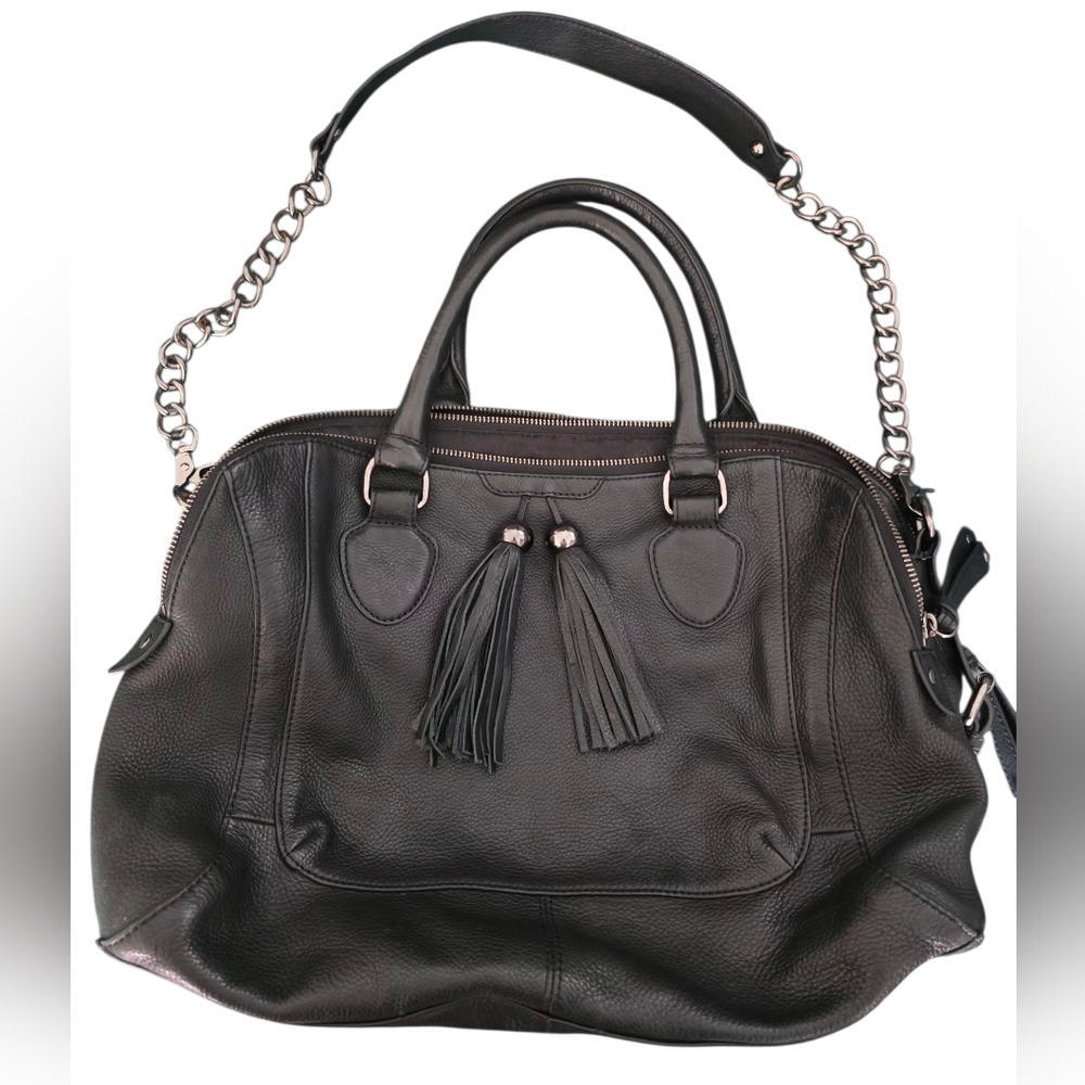 Audrey Brooke Black Leather Tassel Tote with Chain Strap